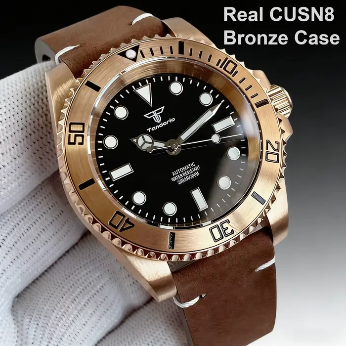 Montre automatique Tandorio Real CUSN8 en bronze avec mouvement NH35/PT5000 pour homme, résistance à l'eau 20 ATM, bracelet en cuir, occassions quotidiennes et formelles