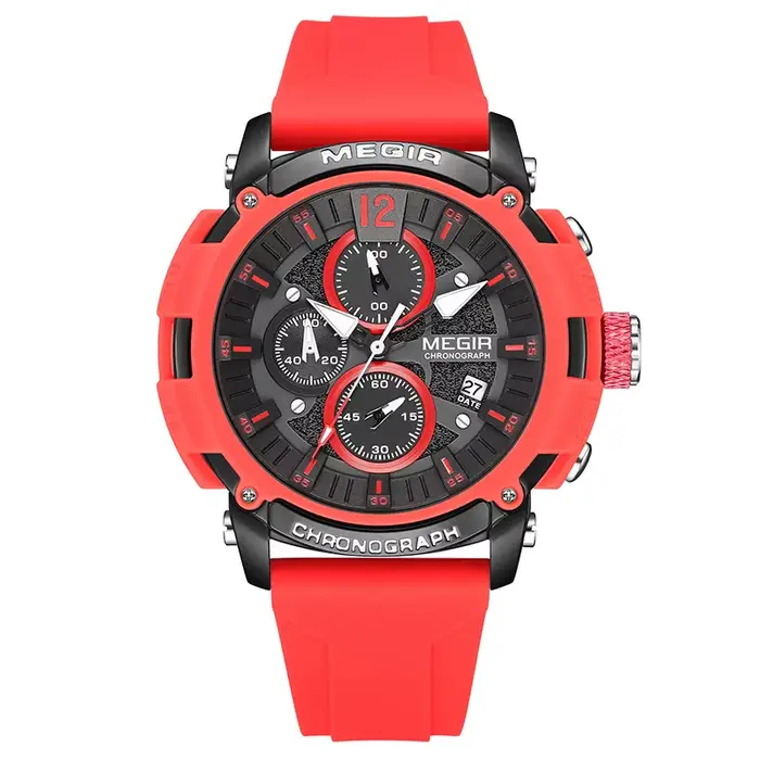 Montre chronographe analogique à quartz Megir 2208 avec date, aiguilles lumineuses, bracelet en sili