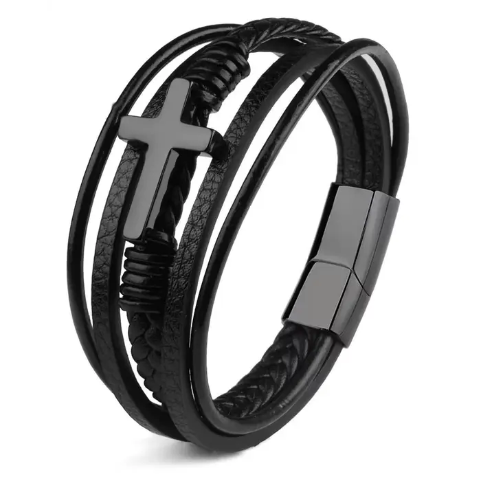 HNSP – Bracelet en cuir et métal croisé pour hommes, accessoires de bijoux