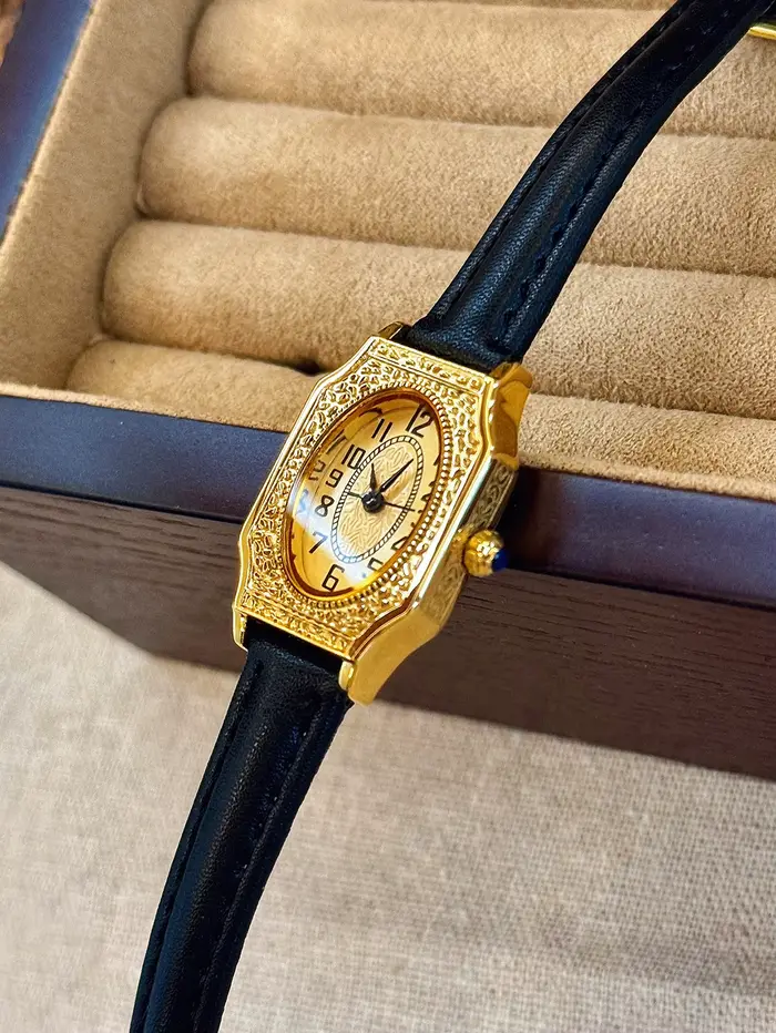 Montre à Quartz Élégante et Délicate Style Rétro Français Dorée Bracelet Cuir Occasions Spéciales