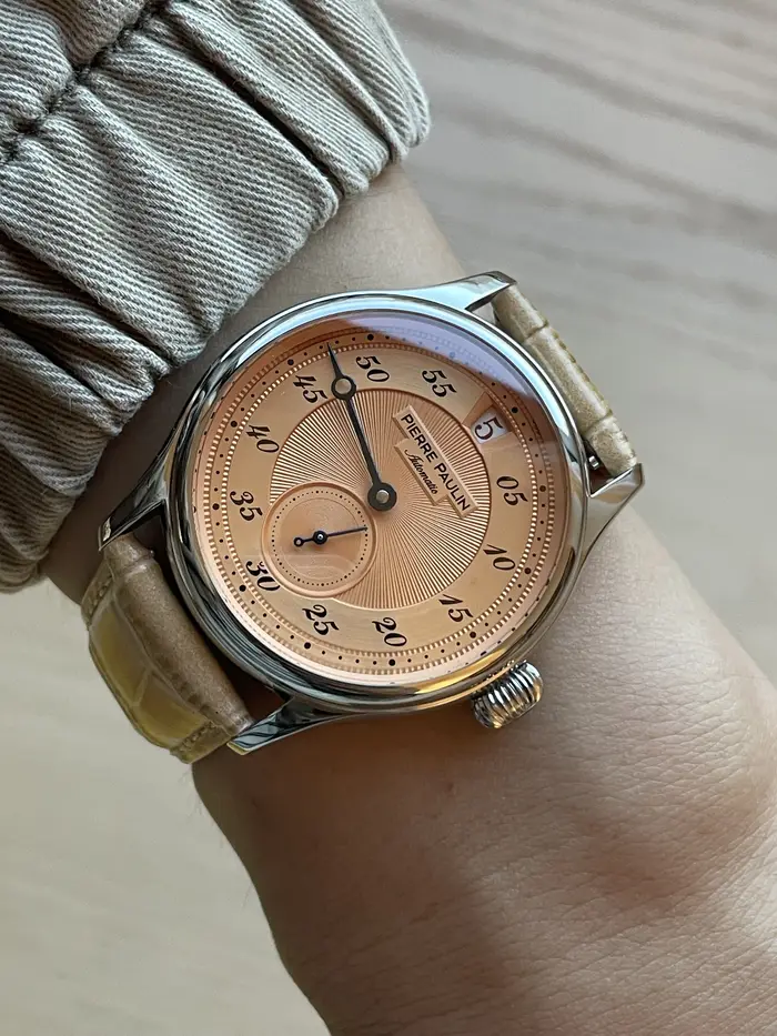 42mm PIERRE PAULIN sauter heure montre hommes saumon cadran saphir