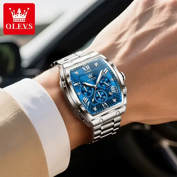 OLEVS nouveau Design Tonneau montre hommes lumineux étanche Date en acier inoxydable chronographe montres à Quartz
