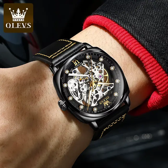 OLEVS 6651 montre automatique pour hommes bracelet en cuir entièrement creux montre-bracelet homme