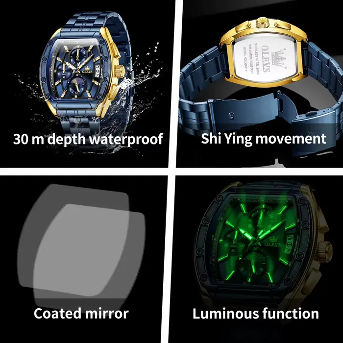 Montre sportive luxueuse en acier inoxydable avec fonction de phase de lune et chronomètre pour homme occasions spéciales