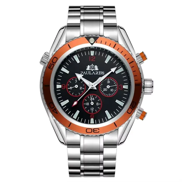 Montres automatiques pour hommes, mécanique, bracelet en caoutchouc, cadran Orange bleu noir, lunett
