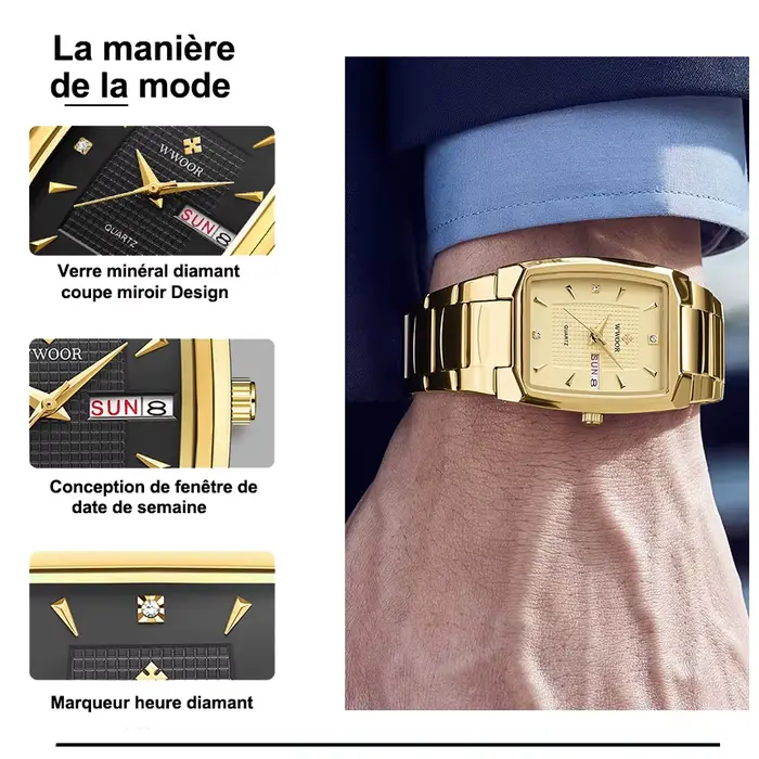 WWOOR 2024 nouvelle montre carrée hommes avec Date de la semaine automatique de luxe en acier inoxydable or