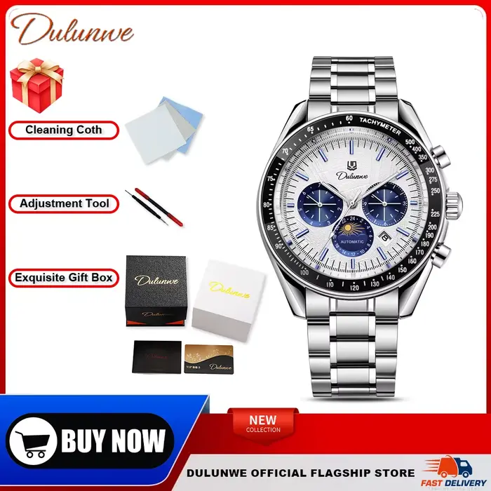 DULUNWE – montre automatique pour hommes, montre mécanique à phases de lune 24 heures, de luxe, étan
