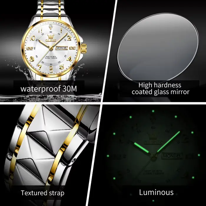 OLEVS 2910 luxe hommes femmes Couple montre double calendrier affichage étanche en acier inoxydable horloge or diamant