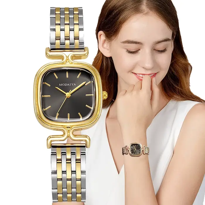 Montre carrée de luxe quartz femme acier inoxydable bracelet or pour occasions spéciales style mode décontracté et sport