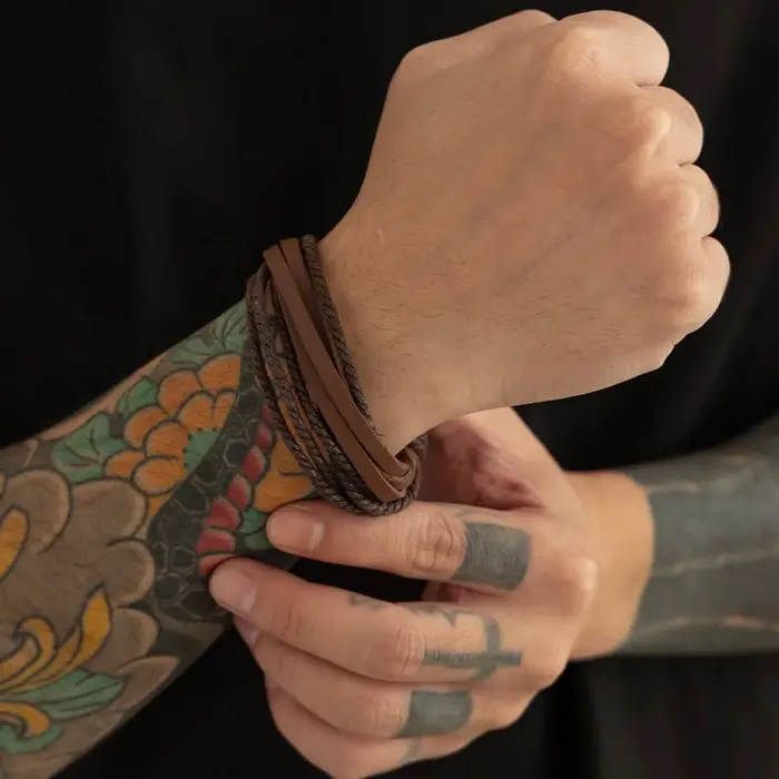 KunJoe Vintage marron cuir Bracelets pour hommes Simple mode multicouche tressé corde chaîne bracele