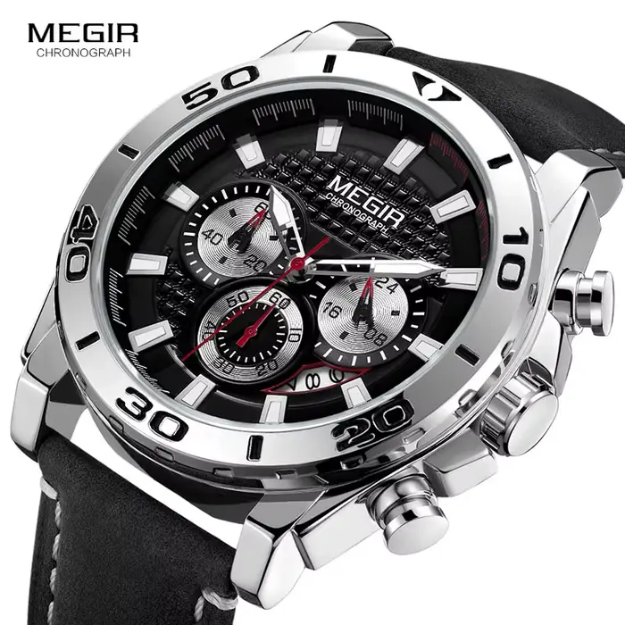 MEGIR hommes armée sport chronographe montres à Quartz bracelet en cuir lumineux étanche montre-bracelet homme Relogios horloge 2094 argent