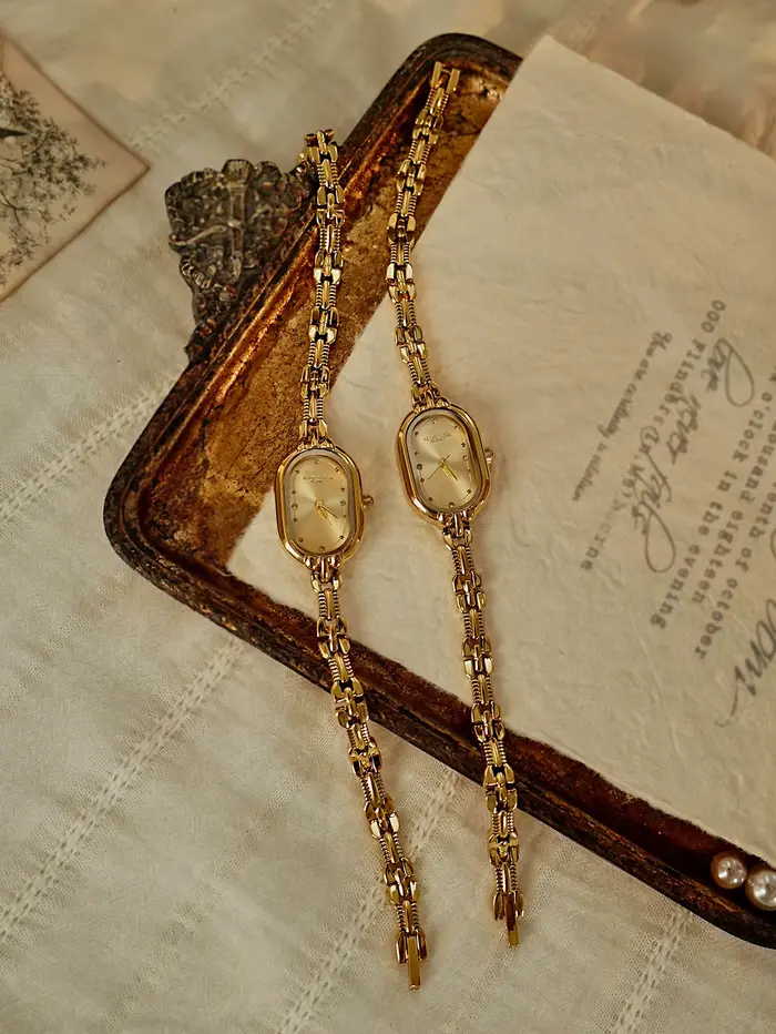 1 PC Élégance vintage française : Petite montre à quartz pour femme avec cadran doré et bracelet – Luxueuse