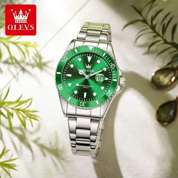 Montre pour femme OLEVS 5885 originale, montre à quartz de luxe haut de gamme, cadran vert classique
