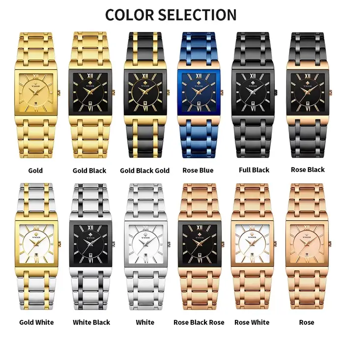 Montre carrée homme en acier inoxydable avec mouvement quartz doré résistante à l'eau pour toutes les occasions