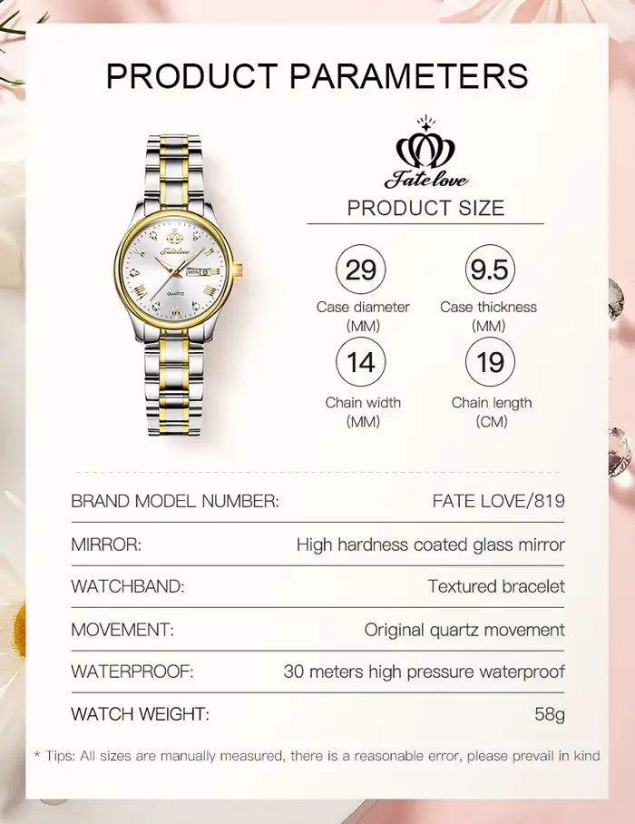 Fate Love 819 classiques femmes montre en acier inoxydable lumineux étanche calendrier robe élégante