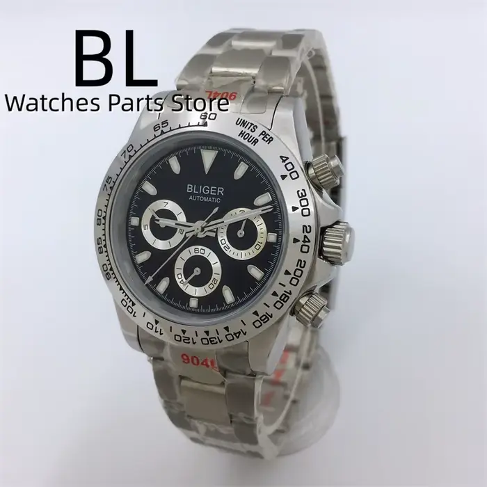 BLIGER 39mm chronographe automatique montre lumineuse pour hommes étanche en acier inoxydable verre saphir