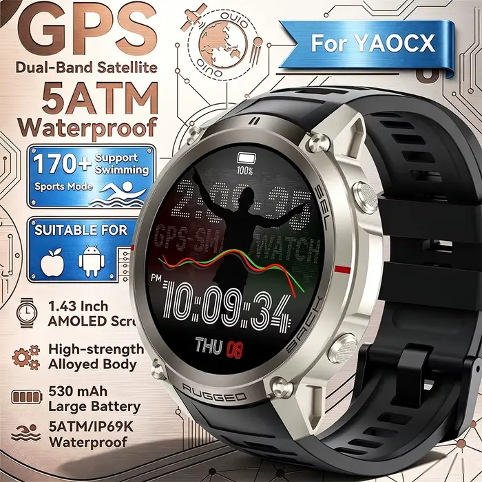 Montre de sport GPS d'extérieur avec 6 satellites de positionnement, écran AMOLED 1,43 pouces, étanc