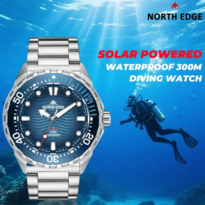 NORTH EDGE montres pour homme TRITON montre de plongée à énergie solaire montre-bracelet à Quartz en acier inoxydable