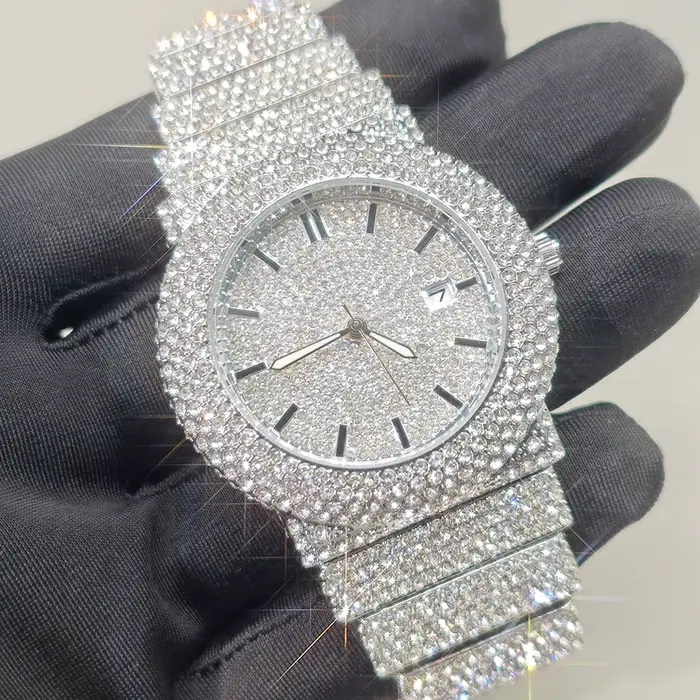 Montre de luxe homme acier inoxydable diamants glacés quartz élégante hip hop occasionnelle bronze café rose