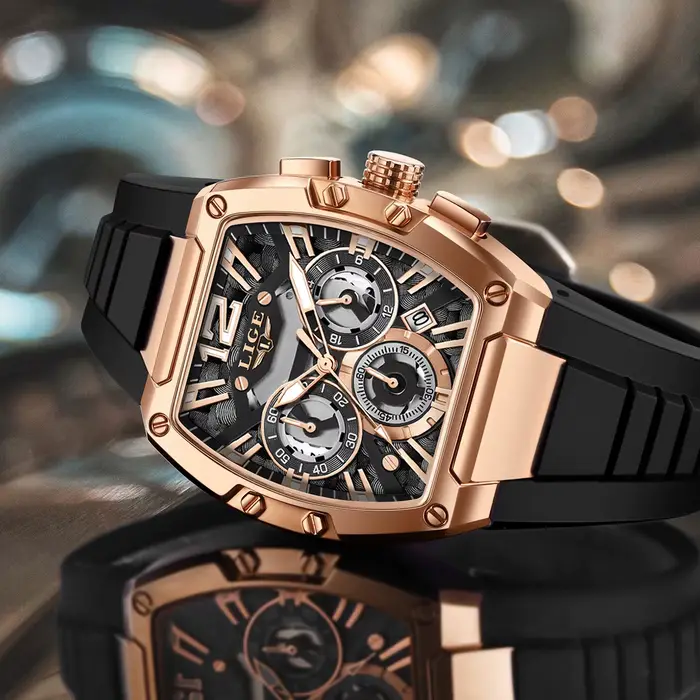 2025 LIGE nouvelle montre pour hommes chronographe Quartz Tonneau cadran doré sport horloge décontracté mode bracelet
