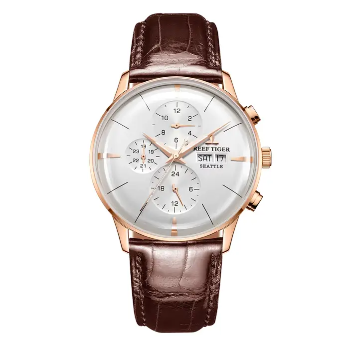 Reef Tiger RT montre pour hommes de luxe cadran blanc montre-bracelet mécanique multifonction Relogi