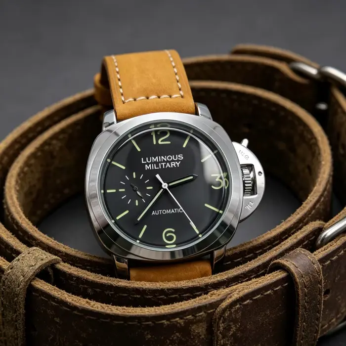 Montre classique homme cadran lumineux automatique militaire cuir véritable argent brun occasionnels élégance