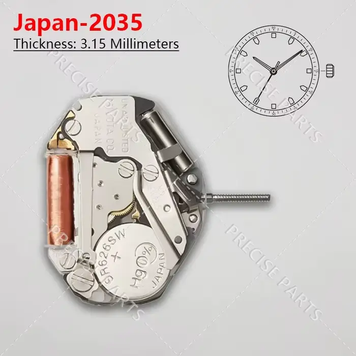 Mouvement électronique à quartz japonais 2035, blanc, trois aiguilles, taille : 6 3/4 x 8 pouces, ha