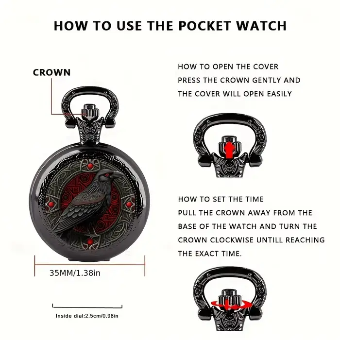 Montre de poche Black Raven au design gothique avec boîtier et bracelet en alliage de collier