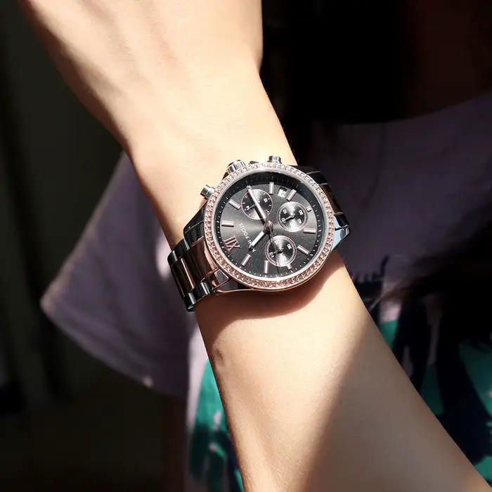 MINO FOCUS Montre à quartz multifonctionnelle pour femme - Acier inoxydable étanche lumineux