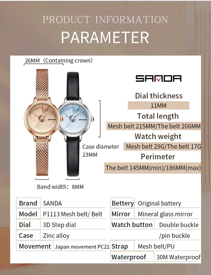 Montre SANDA Quartz Personnalisée pour Femmes - Stylish et Polyvalente Occasions Spéciales