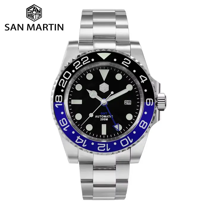 Montre mécanique San Martin luxe GMT Hangzhou 6460 automatique pour hommes résistante à l'eau 200m occassions sport plongée quartz acier inoxydable 316L saphir lumineuse