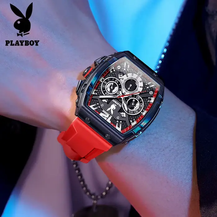 Montre PLAYBOY 3075 en alliage avec bracelet en silicone pour hommes, style mode et décontracté, résistance à l'eau 3 bars, idéale pour les occasions spéciales et cadeaux d'anniversaire