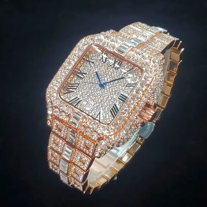 Montre Luxe en Or Rose Iced Out Quartz pour Homme Occasions Spéciales Mode Hip Hop Élégante à Offrir