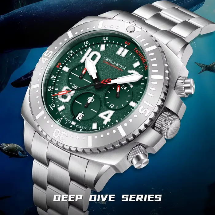 Montre de plongée chronographe à cadran vert de la marque haut de gamme FEELNEVER pour hommes