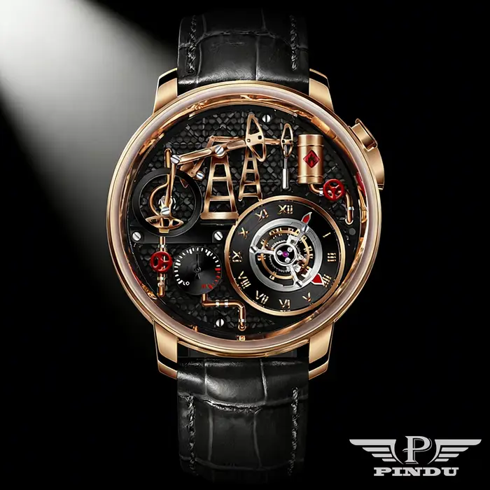 Montre PINDU à Quartz avec Pompe à Huile, Boîtier en Acier Inoxydable, Bracelet en Cuir, Étanche, Affichage Chiffre Romains, Occasions Spéciales pour Homme