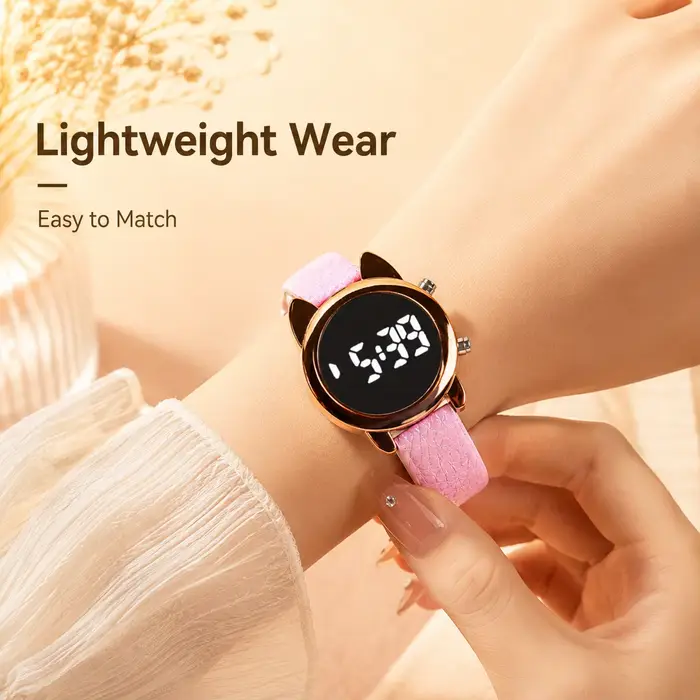 Montre numérique LED avec design oreilles de chat, boîtier en or rose et bracelet brillant gaufré pour femmes occasions spéciales et tenues quotidiennes