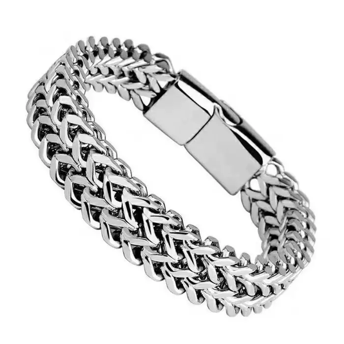 Bracelet en acier inoxydable double rangée motif écailles de poisson, alliage, 21 cm, bijoux, fermoi