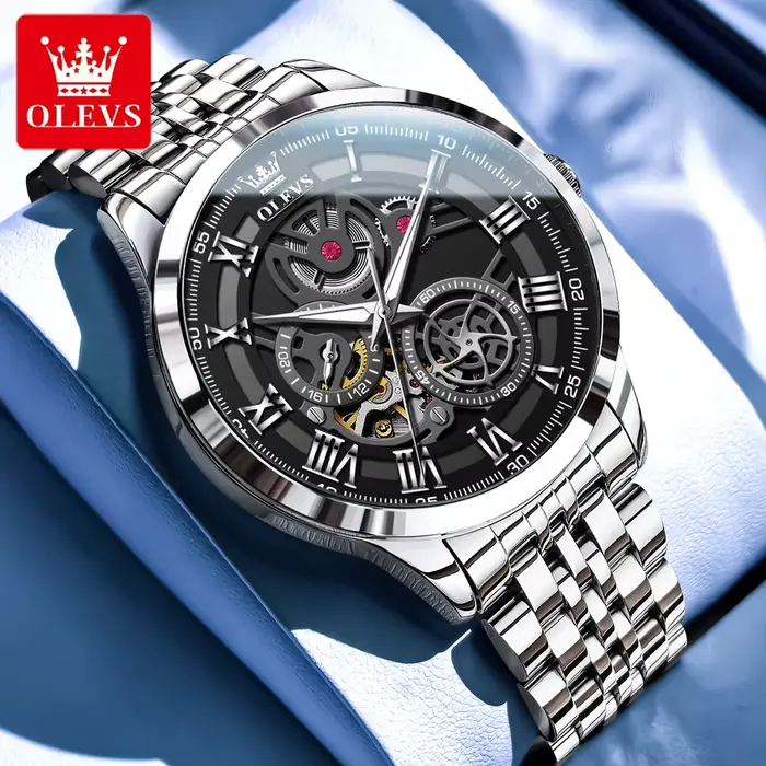 OLEVS squelette montre mécanique hommes étanche en acier inoxydable haut de gamme
