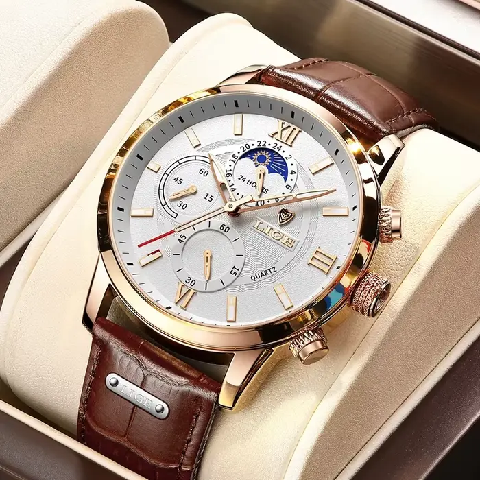 LIGE mode luxe hommes montres rétro bracelet en cuir décontracté Quartz homme montre horloges d'affaires sport étanche Date chronographe