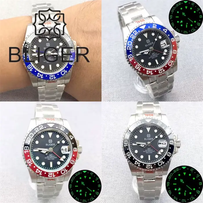 BLIGER 40mm GMT montre pour hommes lumineux bleu rouge violet lunette insérer verre saphir acier inoxydable étanche Relogio Masculino