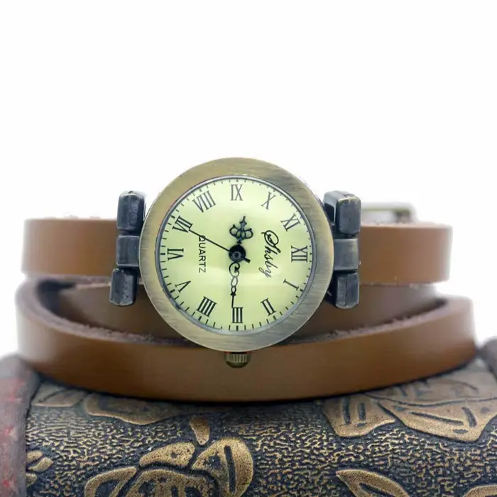 Shsby mode vente chaude femmes longue en cuir véritable femme montre ROMA vintage bronze