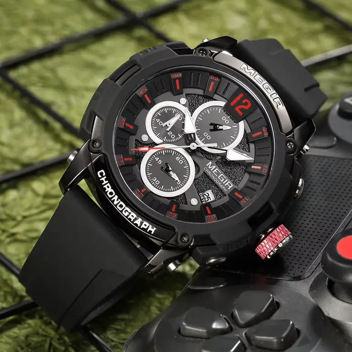 Megir montre à Quartz analogique chronographe pour hommes avec Date aiguilles lumineuses bracelet en Silicone Orange montre-bracelet étanche homme