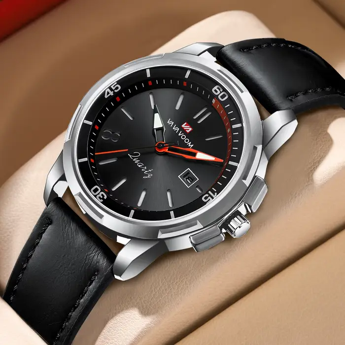 VA VA VOOM montre militaire en cuir noir avec grand cadran 46 mm mouvement à quartz style d'affaires