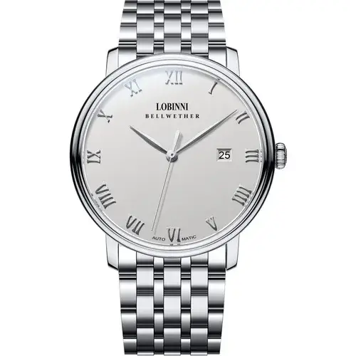 Montre-bracelet LOBINNI12033 automatique en acier inoxydable avec bracelet en cuir pour homme résistante à l'eau et avec calendrier complet pour différentes occasions