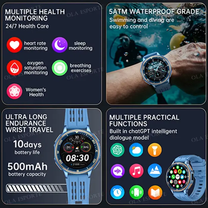 Montres connectées GPS OLA ESPORTE pour hommes, avec cartes hors ligne, suivi de santé et activités sportives, disponible en plusieurs couleurs