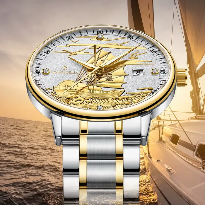 Montre Homme Luxe Affaires Or Design Voilier Date Lumineuse Étanche Bracelet Acier Quartz Montres
