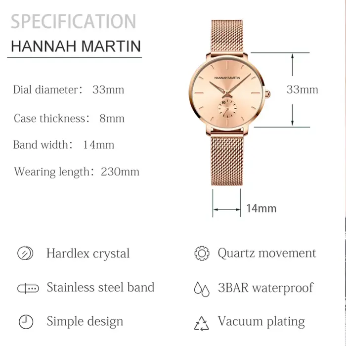 HANNAH MARTIN Top marque femmes montre 1335 synchronisation sous-cadran en acier inoxydable maille mouvement à Quartz