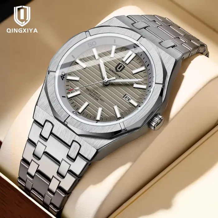 Montre QINGXIYA pour Hommes Luxe Auto Date Quartz Acier Inoxydable Étanche Occasions Spéciales