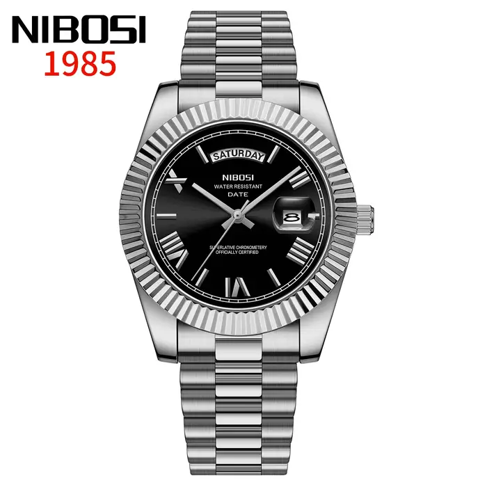 Montre NIBOSI en acier inoxydable à quartz avec affichage lumineux et calendrier complet pour homme style fashion casual occasions spéciales