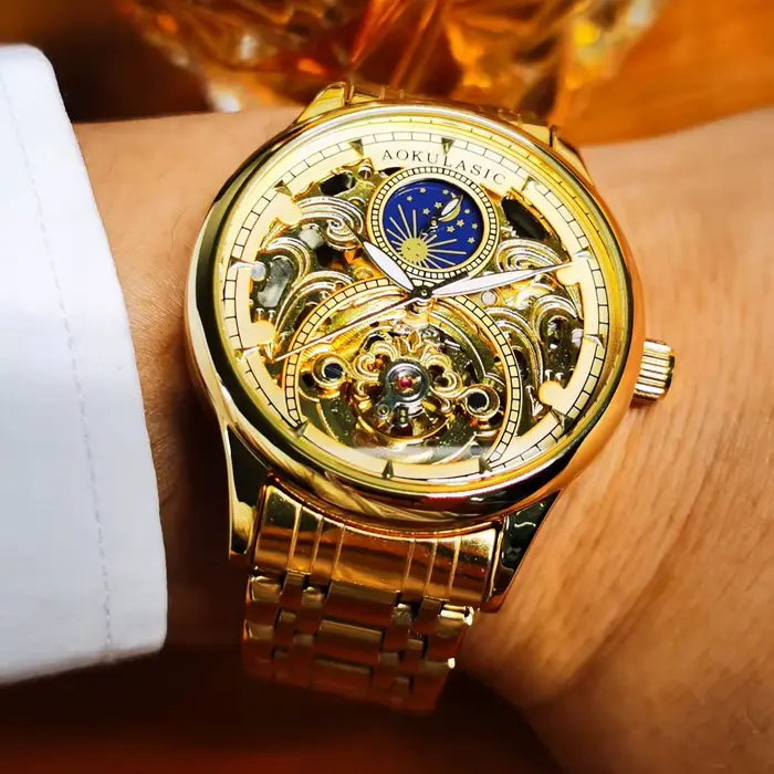 Montre automatique vintage en or homme phase de lune tourbillon squelette aiguilles lumineuses bracelet acier occassionnels spéciaux